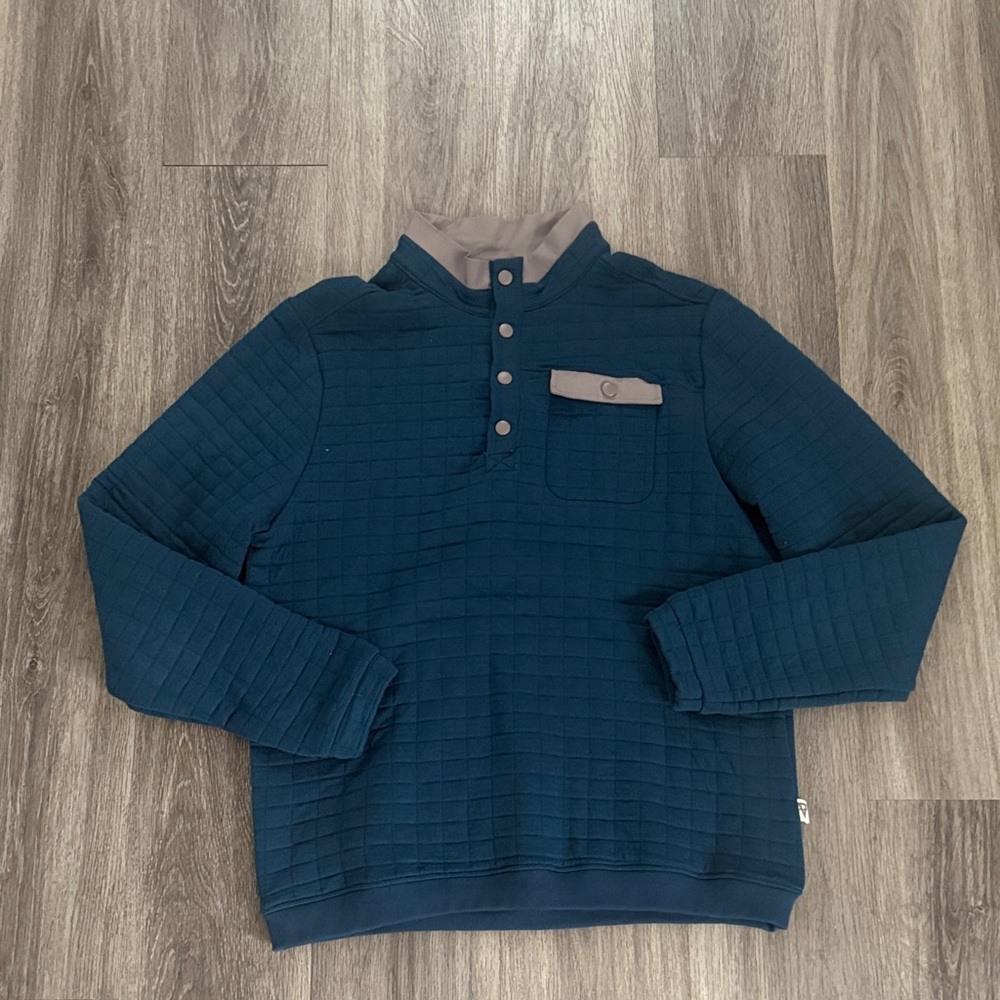 Men's Teal Quilted Sweater Large 1/2 Button Quilted Pullover Fitness Outdoor